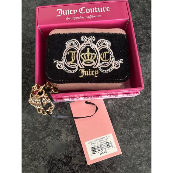 Juicy Couture Black Pink Velvet Crown Embroidered Coin Purse Gold Chain Charm - Picture 3 of 13